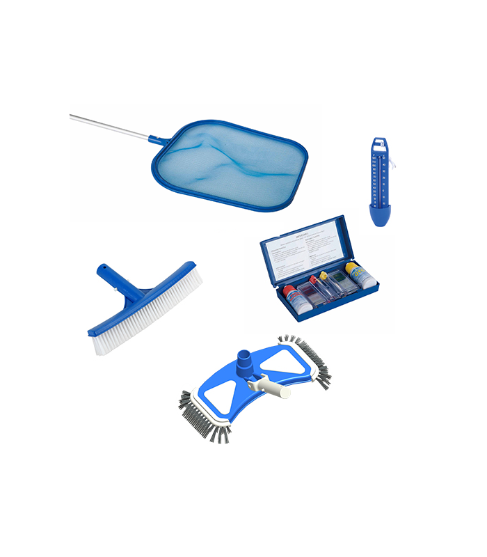 Kit avec épuisette sans manche, brosse, tête de balais, thermomètre, analyseur