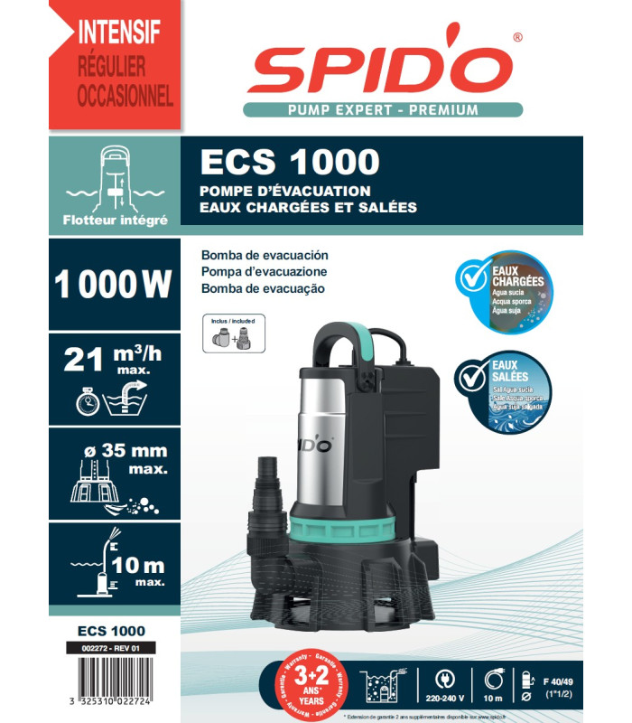 Pompe d'évacuation eaux chargées et salées SPICONCEPT ECS 1000 SPID'O PREMIUM