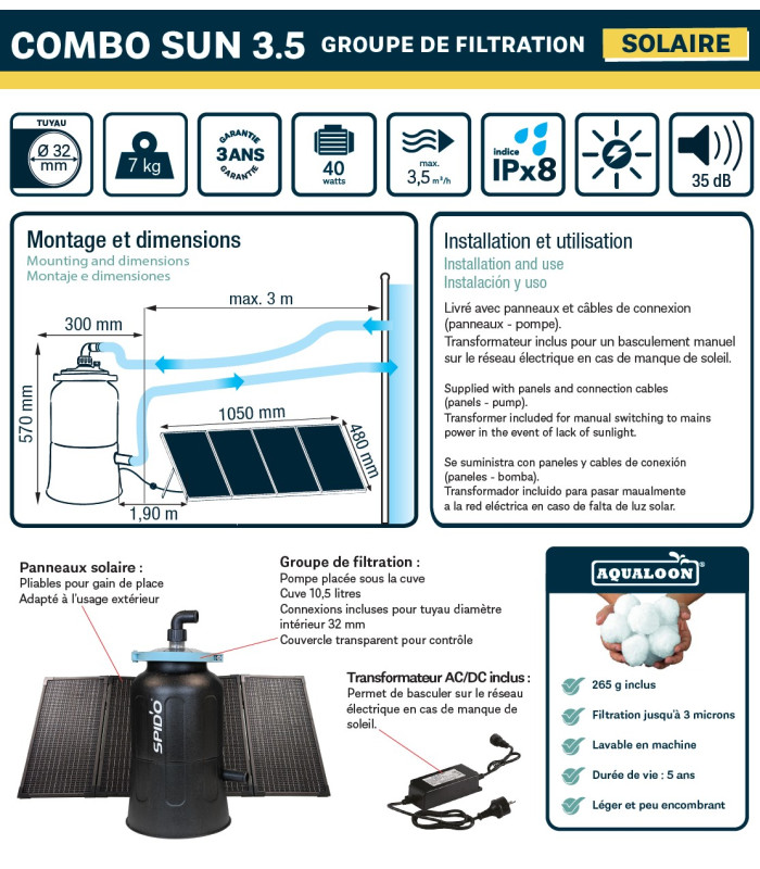 Groupe de filtration solaire pour piscine Combo Sun 3.5 Spid'O POOL PREMIUM